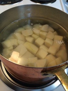 Potatoes ready to bring to a boil and then simmered until fork tender. 